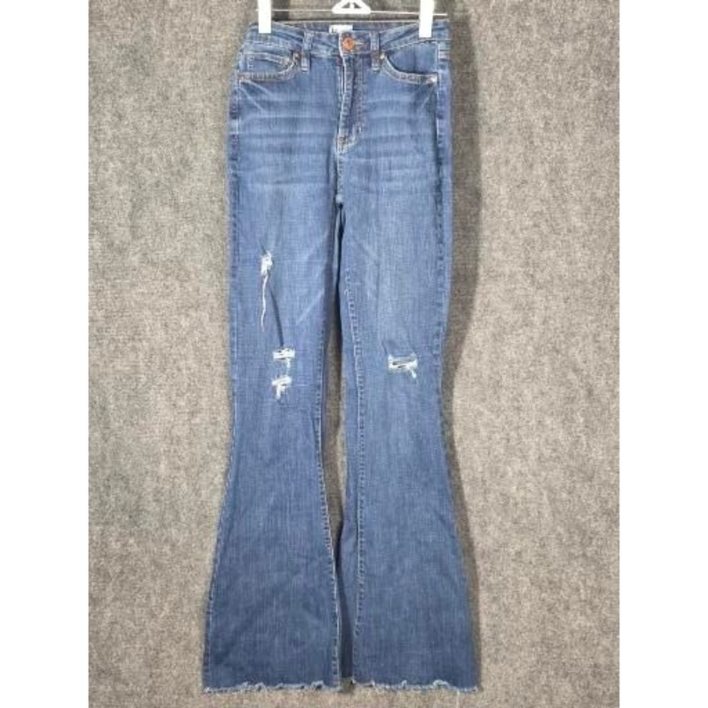 YMI High Rise‎ Flare Jeans Womens Size 5 Distressed Medium Wash Raw Hem Denim